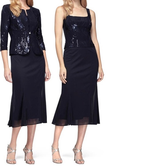 NWT/ NWOT Alex Evenings Tea Length Firework Sequin Jacket Dress Navy - Picture 2 of 16